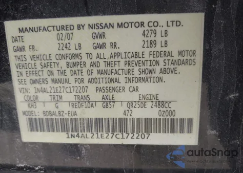 2007 Nissan Altima 2.5 S from USA, damaged, VIN 1N4AL21E27C172207